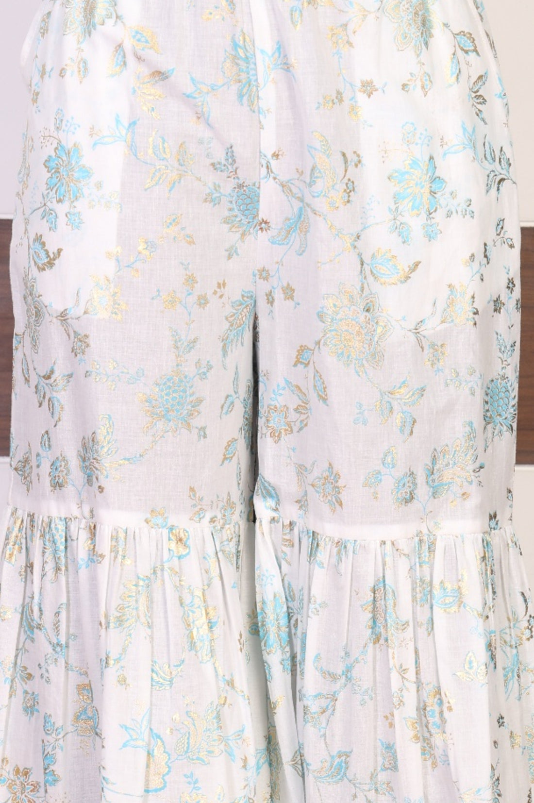 White Floral Printed Foil Print Straight Kurta with Sharara and Dupatta Set