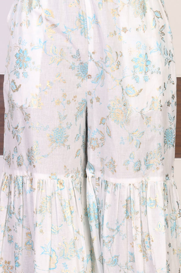 White Floral Printed Foil Print Straight Kurta with Sharara and Dupatta Set
