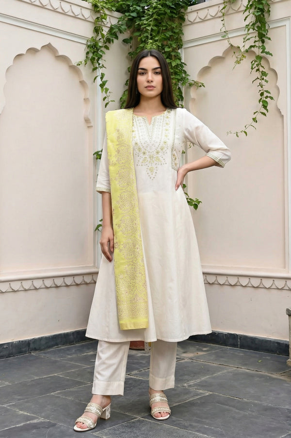 Off White Yarn Dyed Zari Embroidered A-line Kurta with Trousers and Dupatta Set