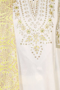 Off White Yarn Dyed Zari Embroidered A-line Kurta with Trousers and Dupatta Set