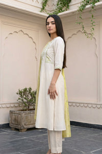 Off White Yarn Dyed Zari Embroidered A-line Kurta with Trousers and Dupatta Set