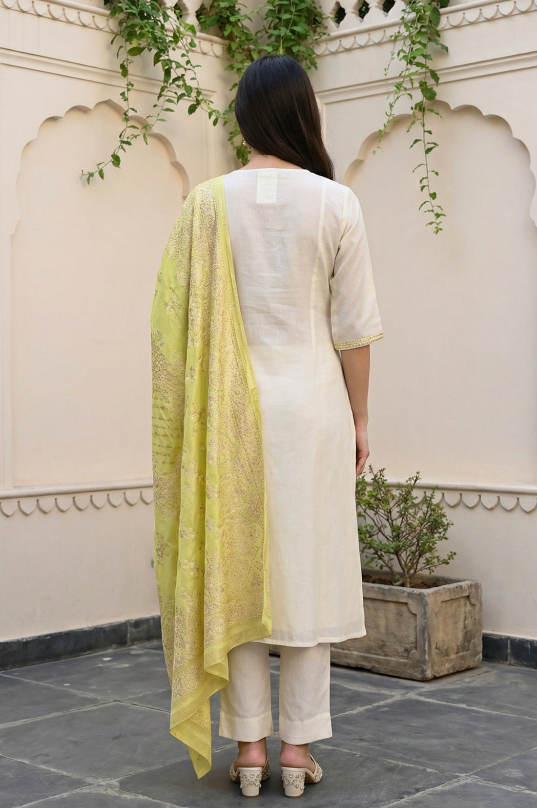 Off White Yarn Dyed Zari Embroidered A-line Kurta with Trousers and Dupatta Set