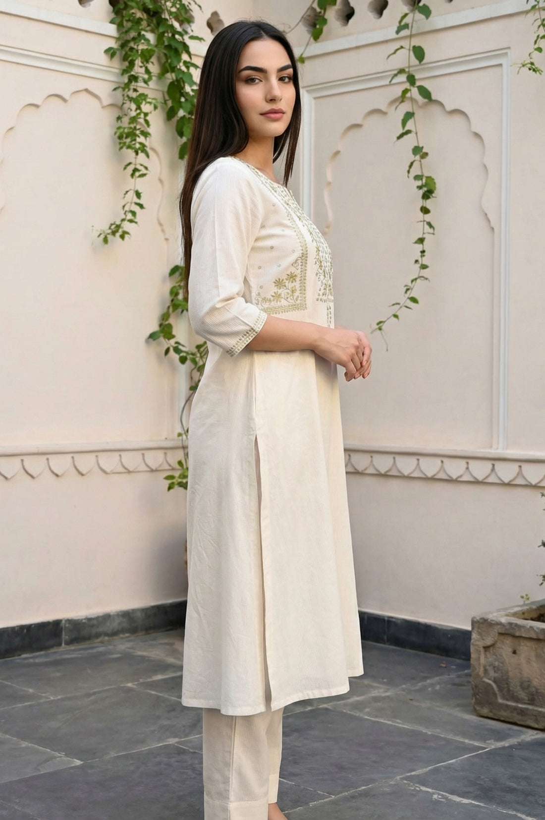 Off White Yarn Dyed Zari Embroidered A-line Kurta with Trousers and Dupatta Set