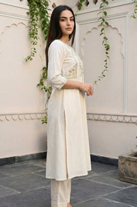 Off White Yarn Dyed Zari Embroidered A-line Kurta with Trousers and Dupatta Set