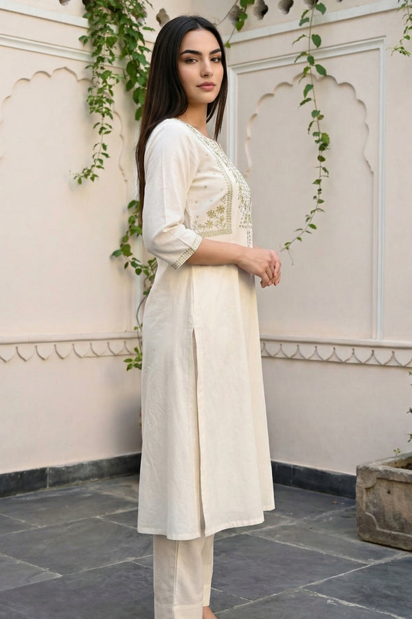 Off White Yarn Dyed Zari Embroidered A-line Kurta with Trousers and Dupatta Set