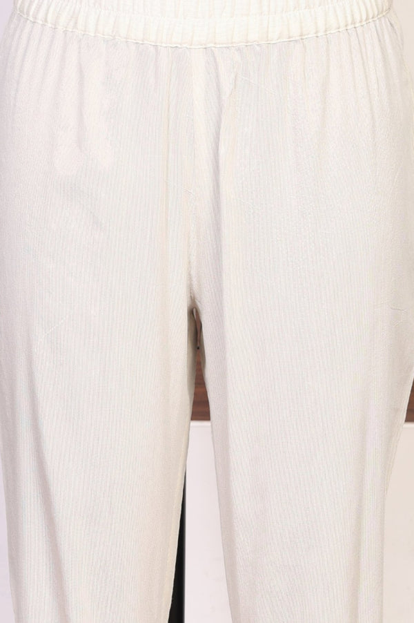 Off White Yarn Dyed Zari Embroidered A-line Kurta with Trousers and Dupatta Set