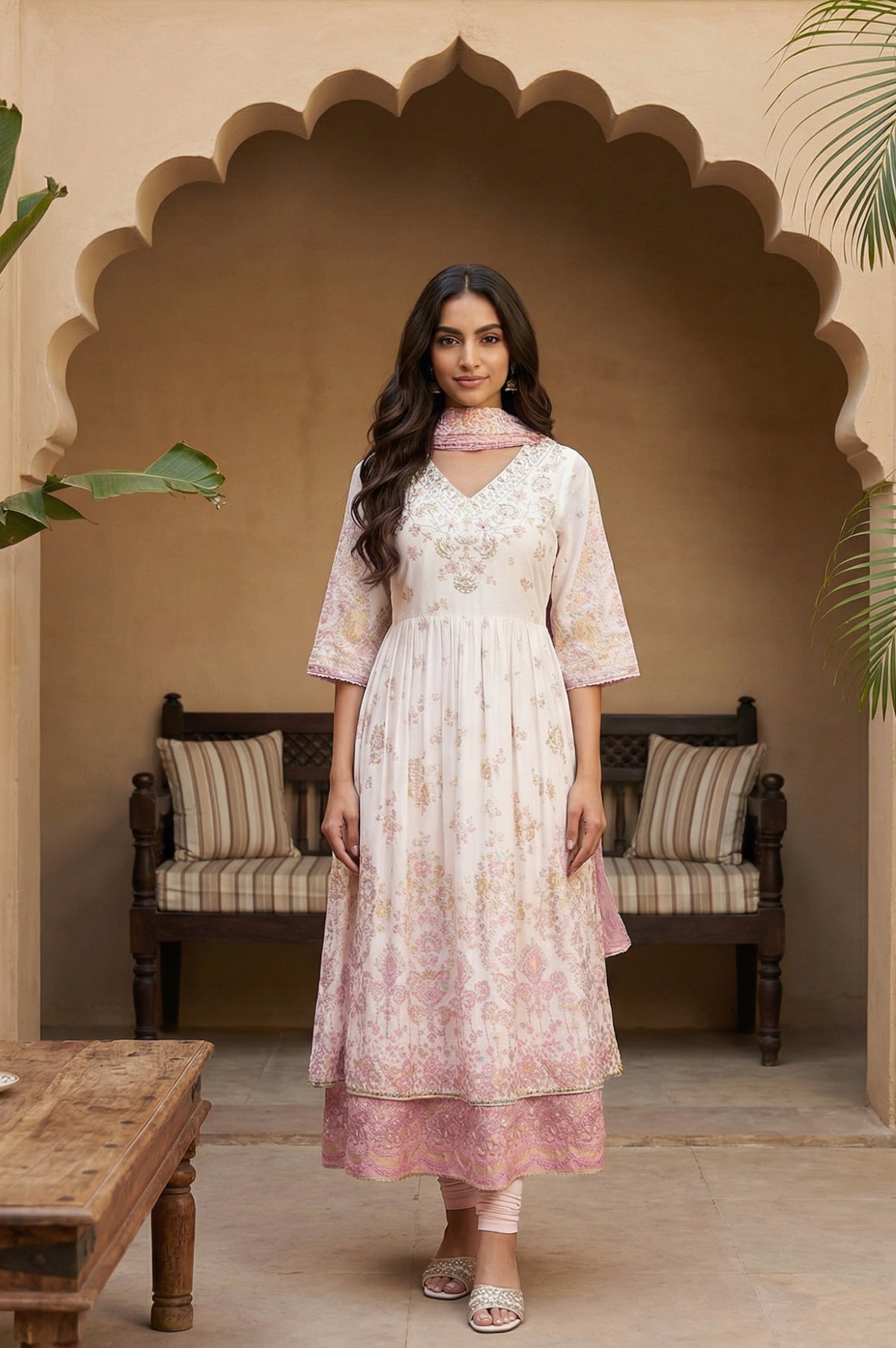 White Floral Foil Printed Pure Cotton Anarkali Kurta With Leggings And Dupatta Set - XS
