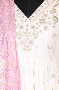 White Floral Foil Printed Pure Cotton Anarkali Kurta With Leggings And Dupatta Set