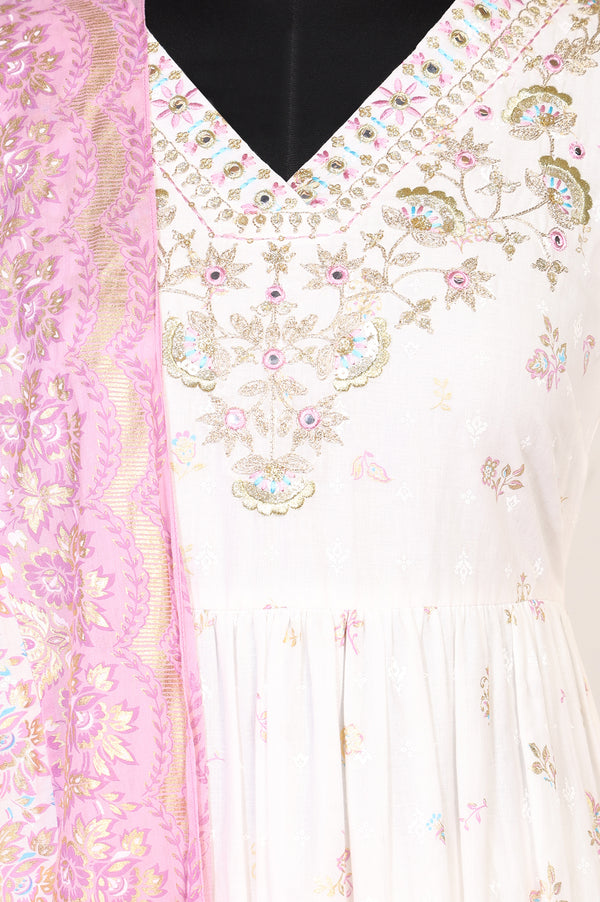White Floral Foil Printed Pure Cotton Anarkali Kurta With Leggings And Dupatta Set