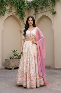 Cream Foil Printed Ethnic Motifs Blouse with Lehenga and Dupatta Set