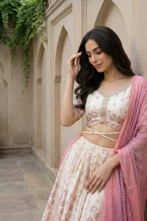 Cream Foil Printed Ethnic Motifs Blouse with Lehenga and Dupatta Set