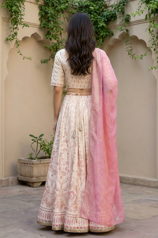 Cream Foil Printed Ethnic Motifs Blouse with Lehenga and Dupatta Set