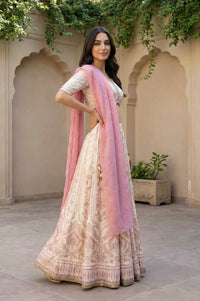 Cream Foil Printed Ethnic Motifs Blouse with Lehenga and Dupatta Set