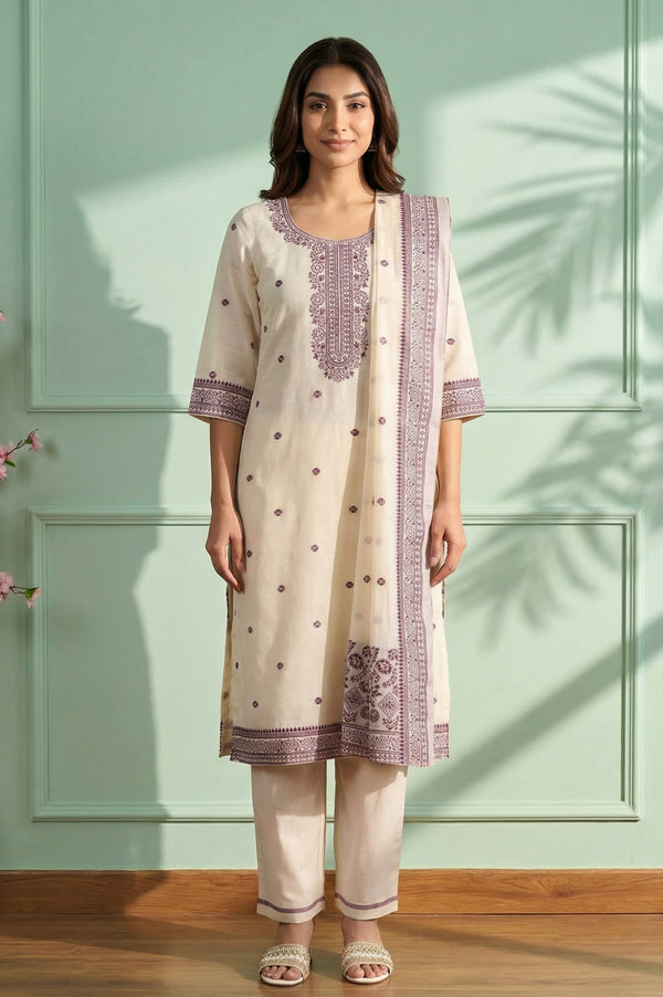 Off White Thread Embroidered Chanderi Straight Kurta with Palazzo and Dupatta Set