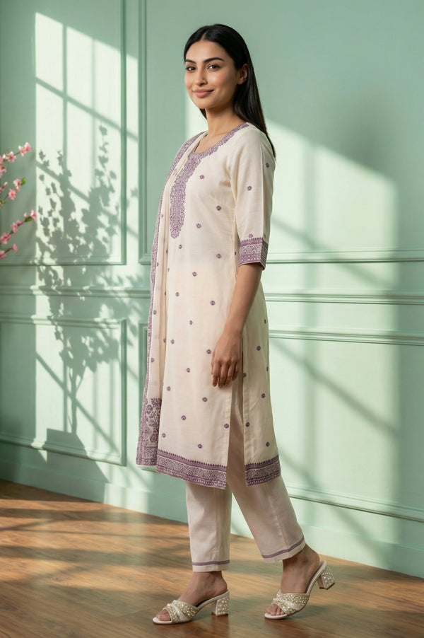Off White Thread Embroidered Chanderi Straight Kurta with Palazzo and Dupatta Set
