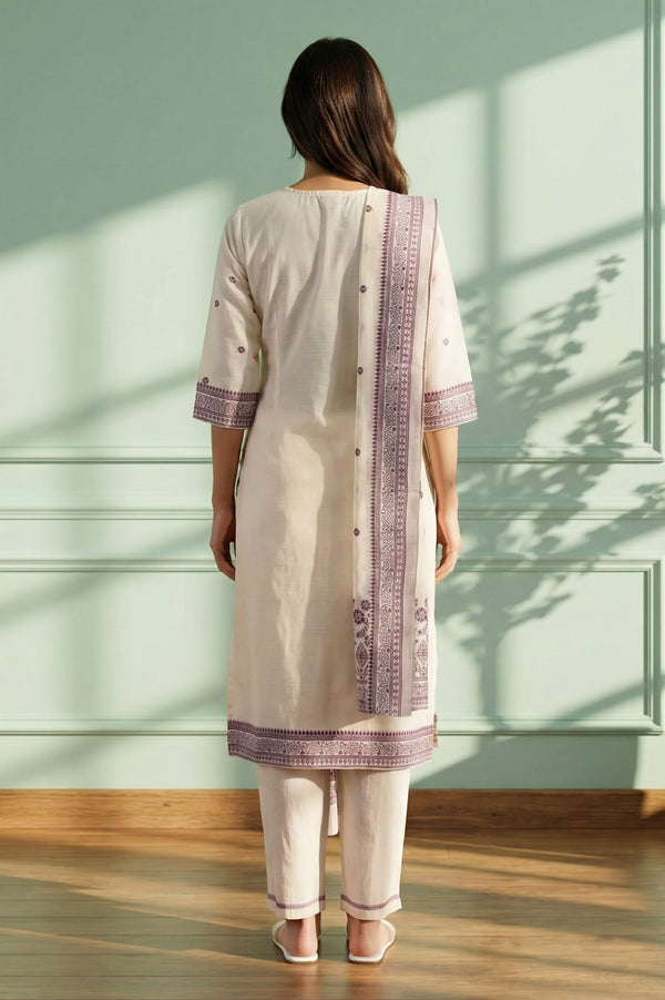 Off White Thread Embroidered Chanderi Straight Kurta with Palazzo and Dupatta Set