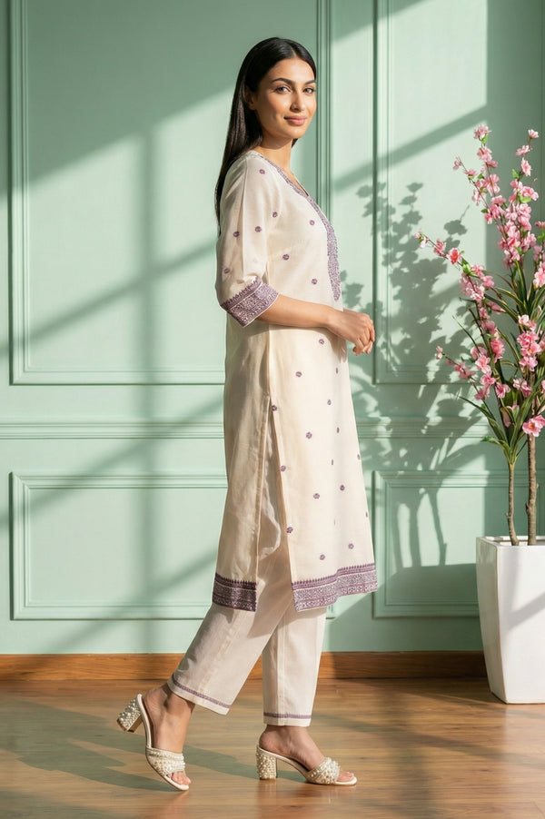 Off White Thread Embroidered Chanderi Straight Kurta with Palazzo and Dupatta Set