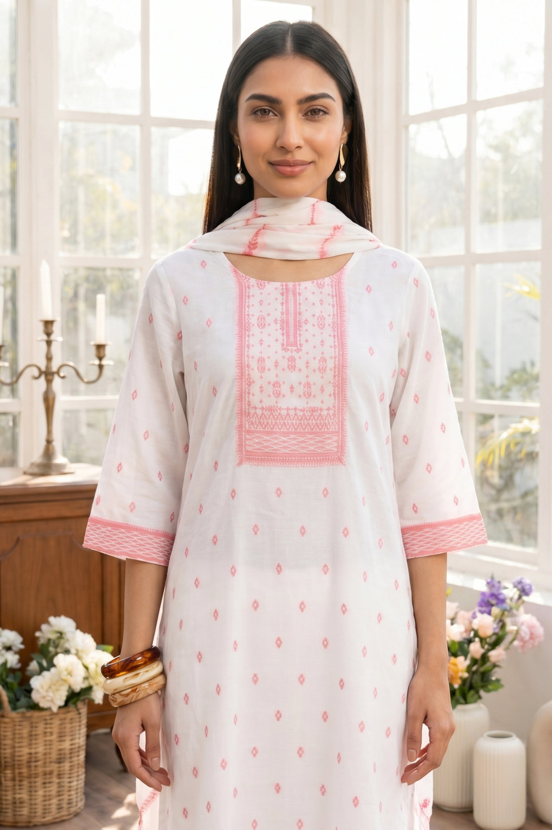 White Cotton Jacquard Straight Kurta with Palazzo and Dupatta Set