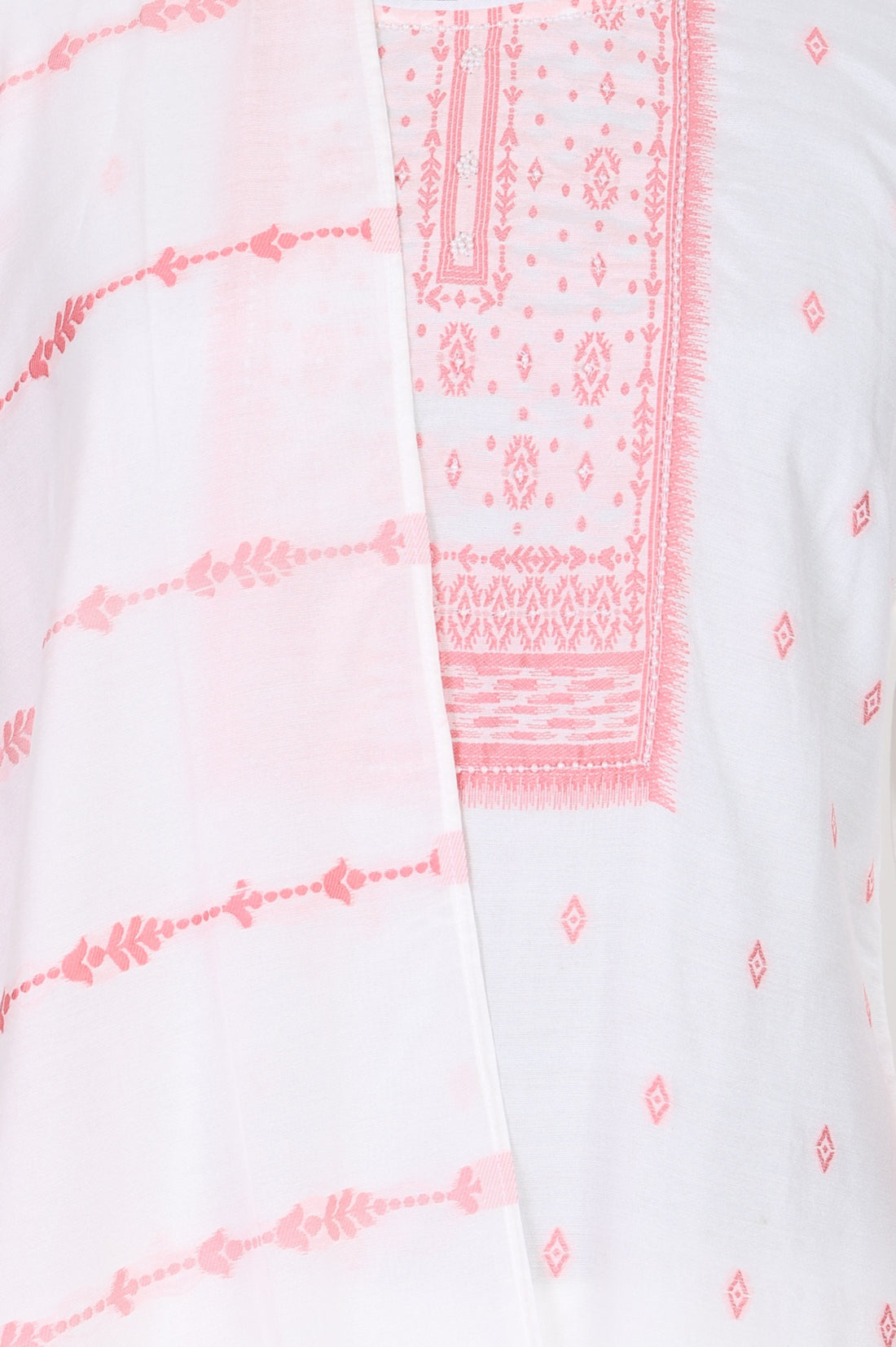 White Cotton Jacquard Straight Kurta with Palazzo and Dupatta Set