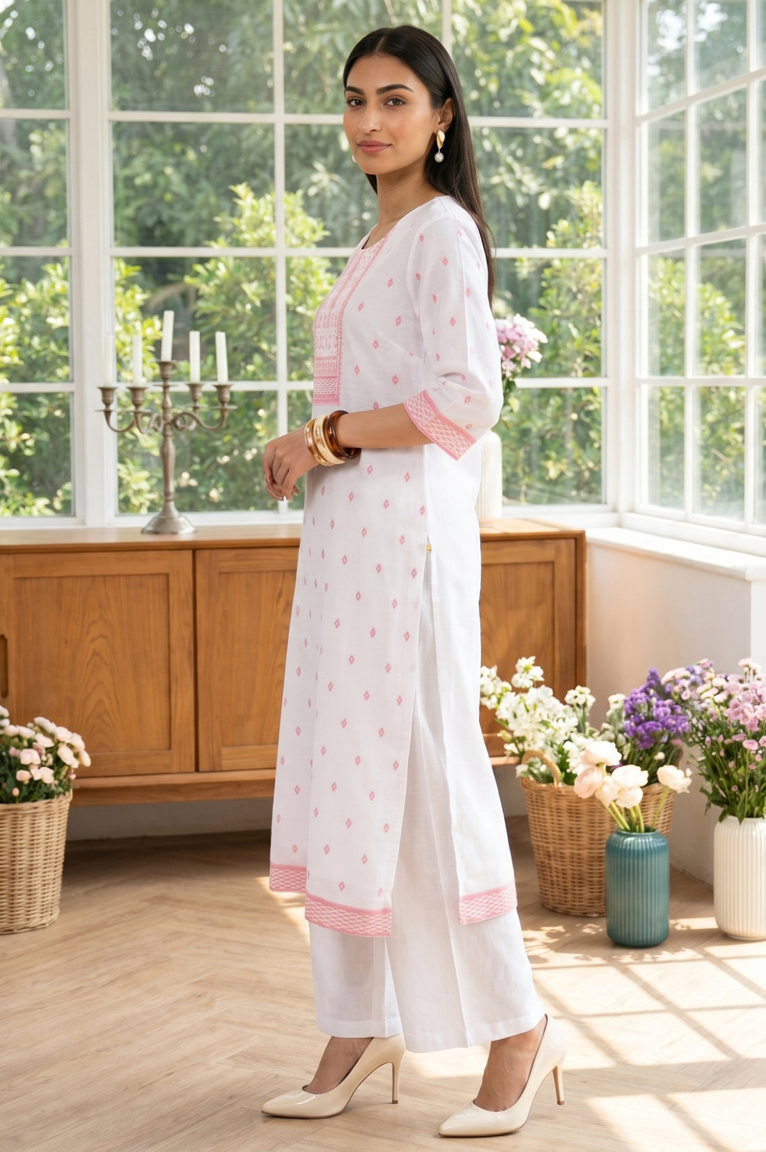 White Cotton Jacquard Straight Kurta with Palazzo and Dupatta Set