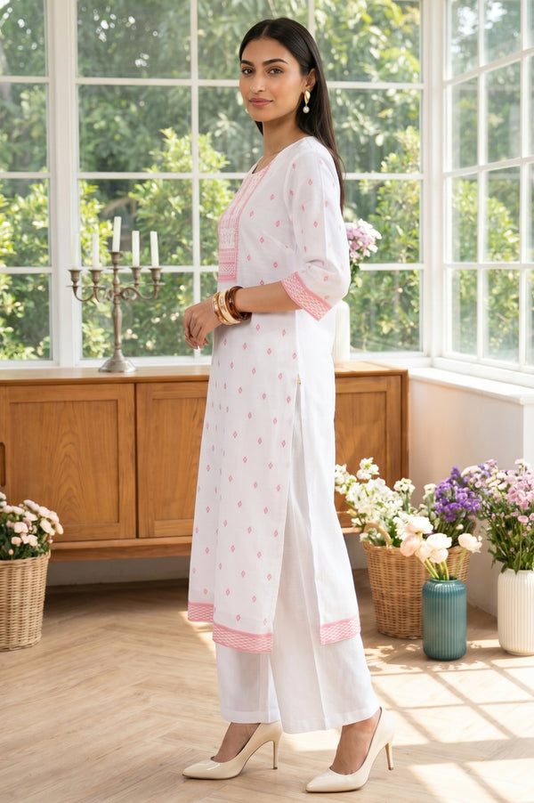 White Cotton Jacquard Straight Kurta with Palazzo and Dupatta Set