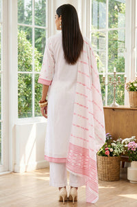 White Cotton Jacquard Straight Kurta with Palazzo and Dupatta Set