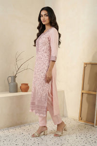 Pink Floral Printed Cotton Blend Straight Kurta with Trouser and Dupatta Set