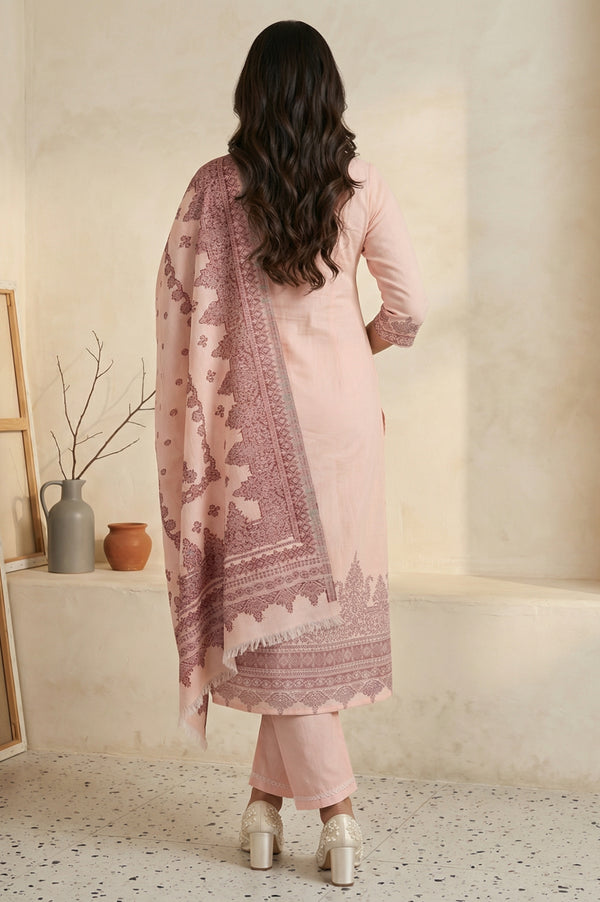 Pink Floral Printed Cotton Blend Straight Kurta with Trouser and Dupatta Set