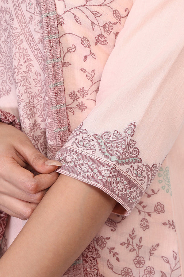 Pink Floral Printed Cotton Blend Straight Kurta with Trouser and Dupatta Set