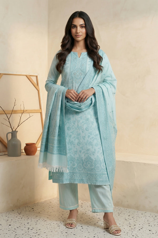 Light Blue Floral Cotton Blend Straight Kurta with Palazzo and Dupatta Set