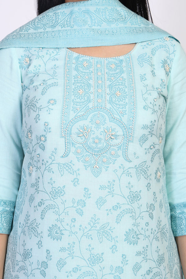 Light Blue Floral Cotton Blend Straight Kurta with Palazzo and Dupatta Set
