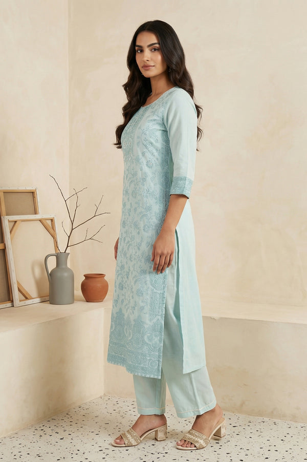 Light Blue Floral Cotton Blend Straight Kurta with Palazzo and Dupatta Set