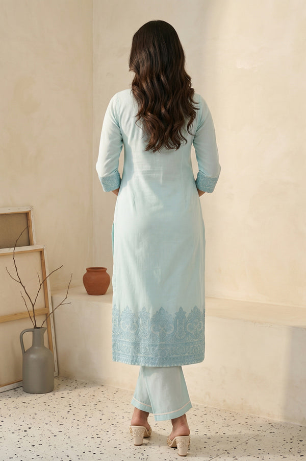 Light Blue Floral Cotton Blend Straight Kurta with Palazzo and Dupatta Set