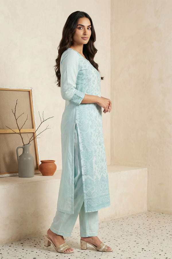 Light Blue Floral Cotton Blend Straight Kurta with Palazzo and Dupatta Set