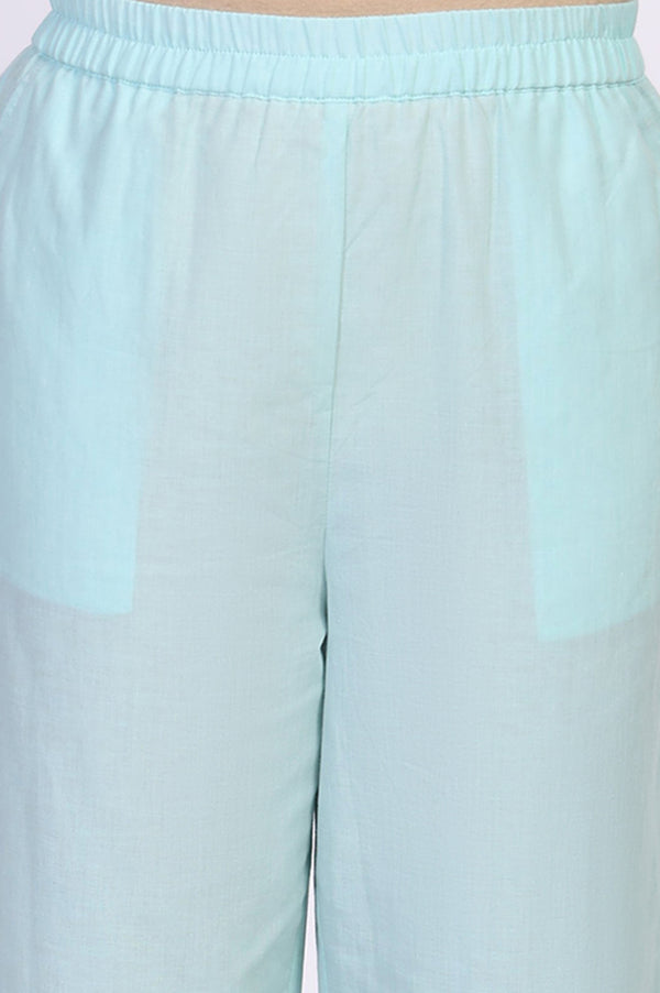 Light Blue Floral Cotton Blend Straight Kurta with Palazzo and Dupatta Set