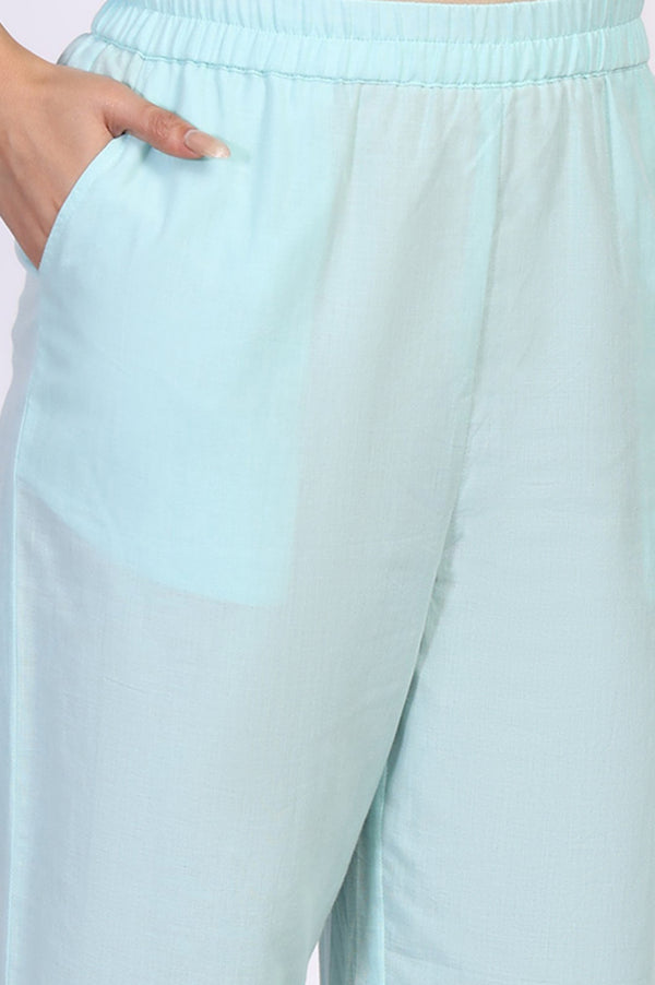 Light Blue Floral Cotton Blend Straight Kurta with Palazzo and Dupatta Set