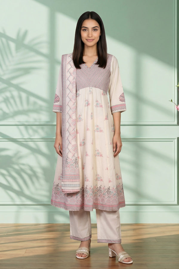 Off White Floral Printed Yarn Dyed Cotton Blend A-line Kurta with Palazzo and Dupatta Set