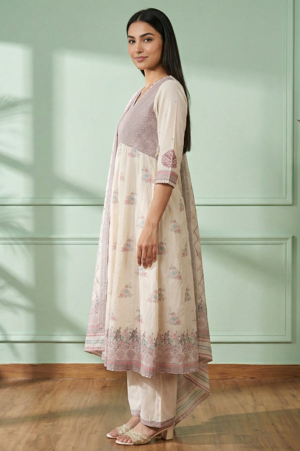 Off White Floral Printed Yarn Dyed Cotton Blend A-line Kurta with Palazzo and Dupatta Set
