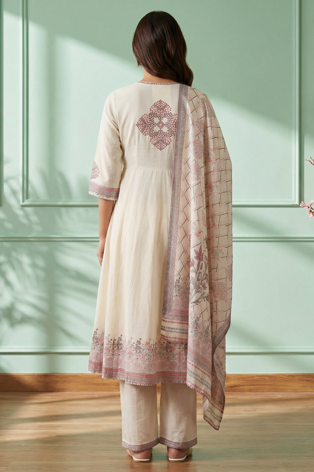Off White Floral Printed Yarn Dyed Cotton Blend A-line Kurta with Palazzo and Dupatta Set