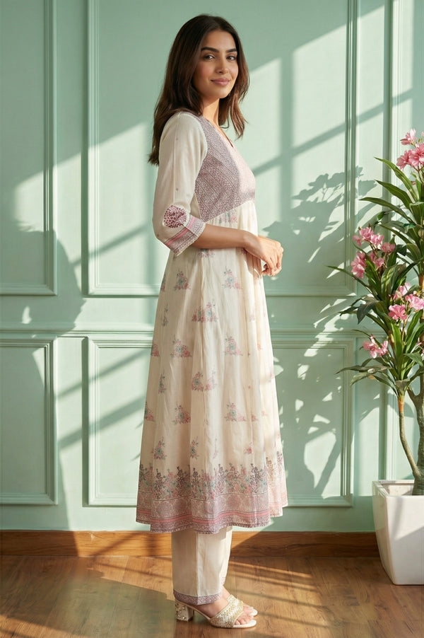 Off White Floral Printed Yarn Dyed Cotton Blend A-line Kurta with Palazzo and Dupatta Set