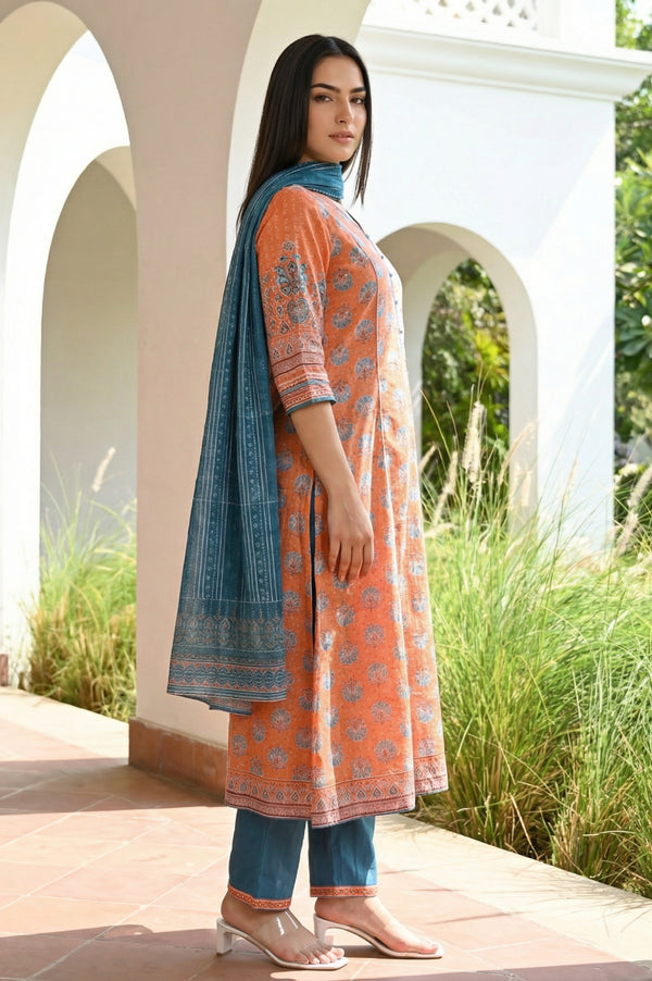 Orange Floral Printed Straight Kurta with Trouser and Dupatta Set