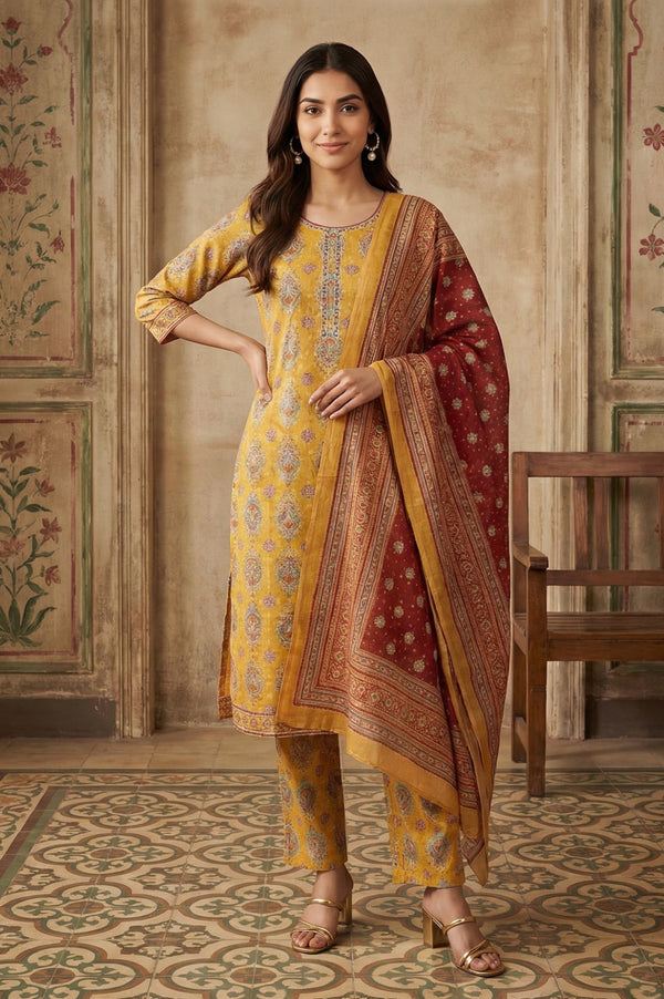 Mustard Thread Embroidered Paisley Pure Cotton Straight Kurta With Trousers and Dupatta Set