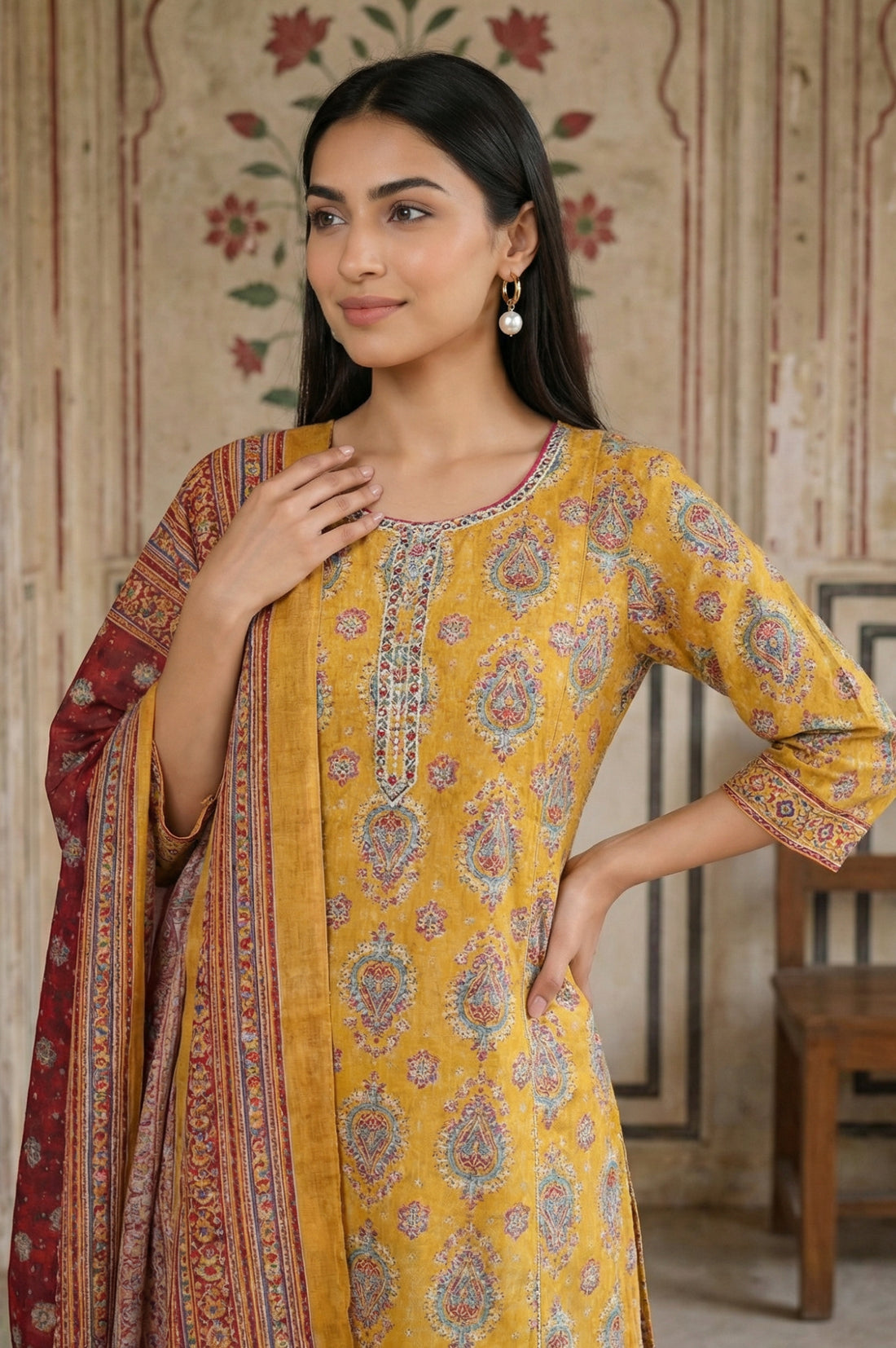 Mustard Thread Embroidered Paisley Pure Cotton Straight Kurta With Trousers and Dupatta Set