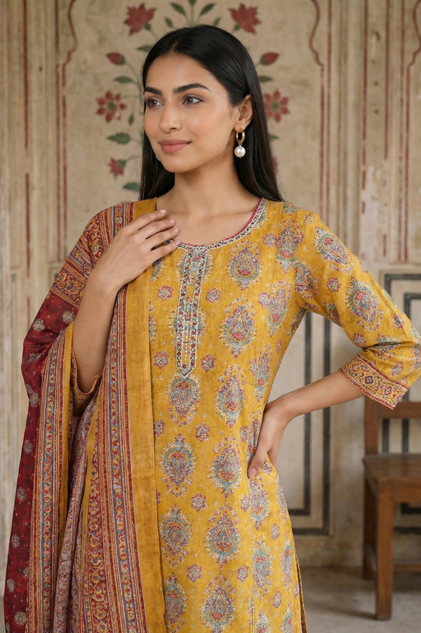 Mustard Thread Embroidered Paisley Pure Cotton Straight Kurta With Trousers and Dupatta Set