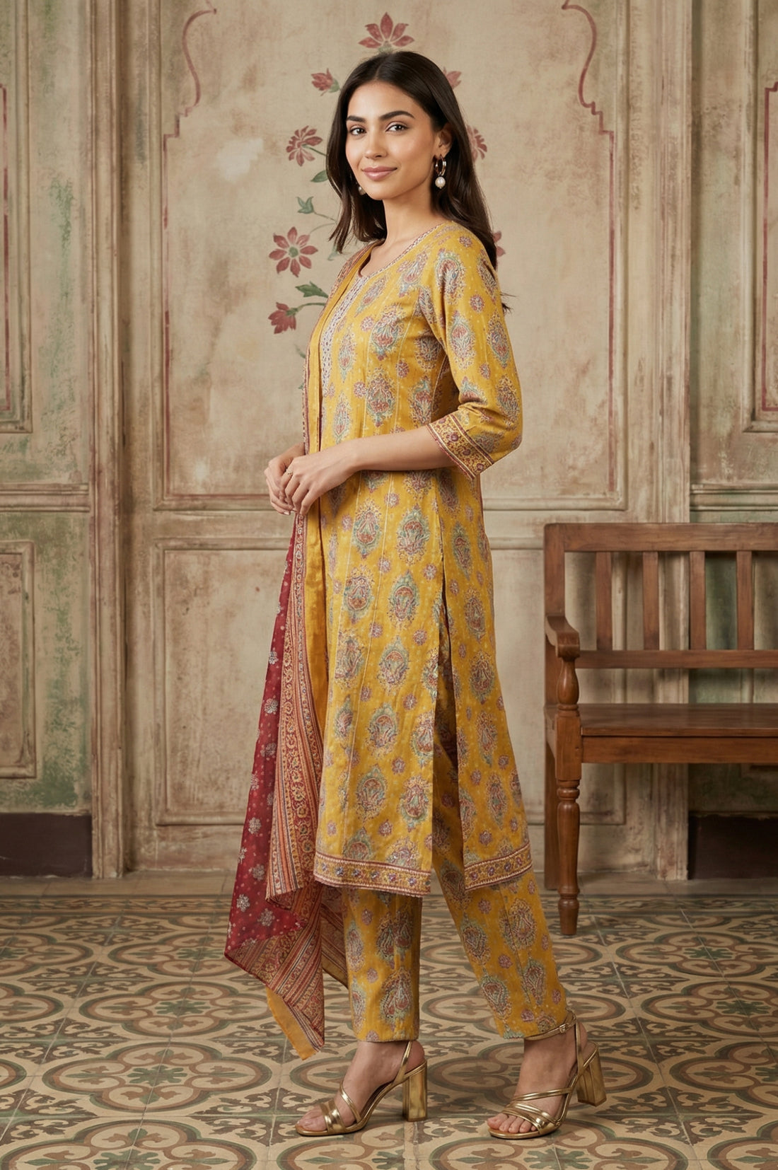 Mustard Thread Embroidered Paisley Pure Cotton Straight Kurta With Trousers and Dupatta Set
