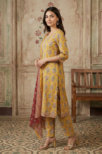 Mustard Thread Embroidered Paisley Pure Cotton Straight Kurta With Trousers and Dupatta Set