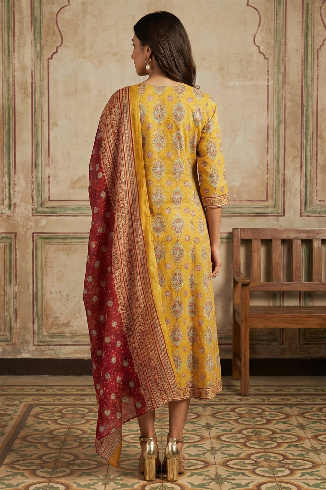 Mustard Thread Embroidered Paisley Pure Cotton Straight Kurta With Trousers and Dupatta Set