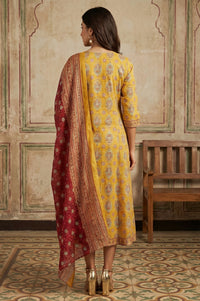 Mustard Thread Embroidered Paisley Pure Cotton Straight Kurta With Trousers and Dupatta Set