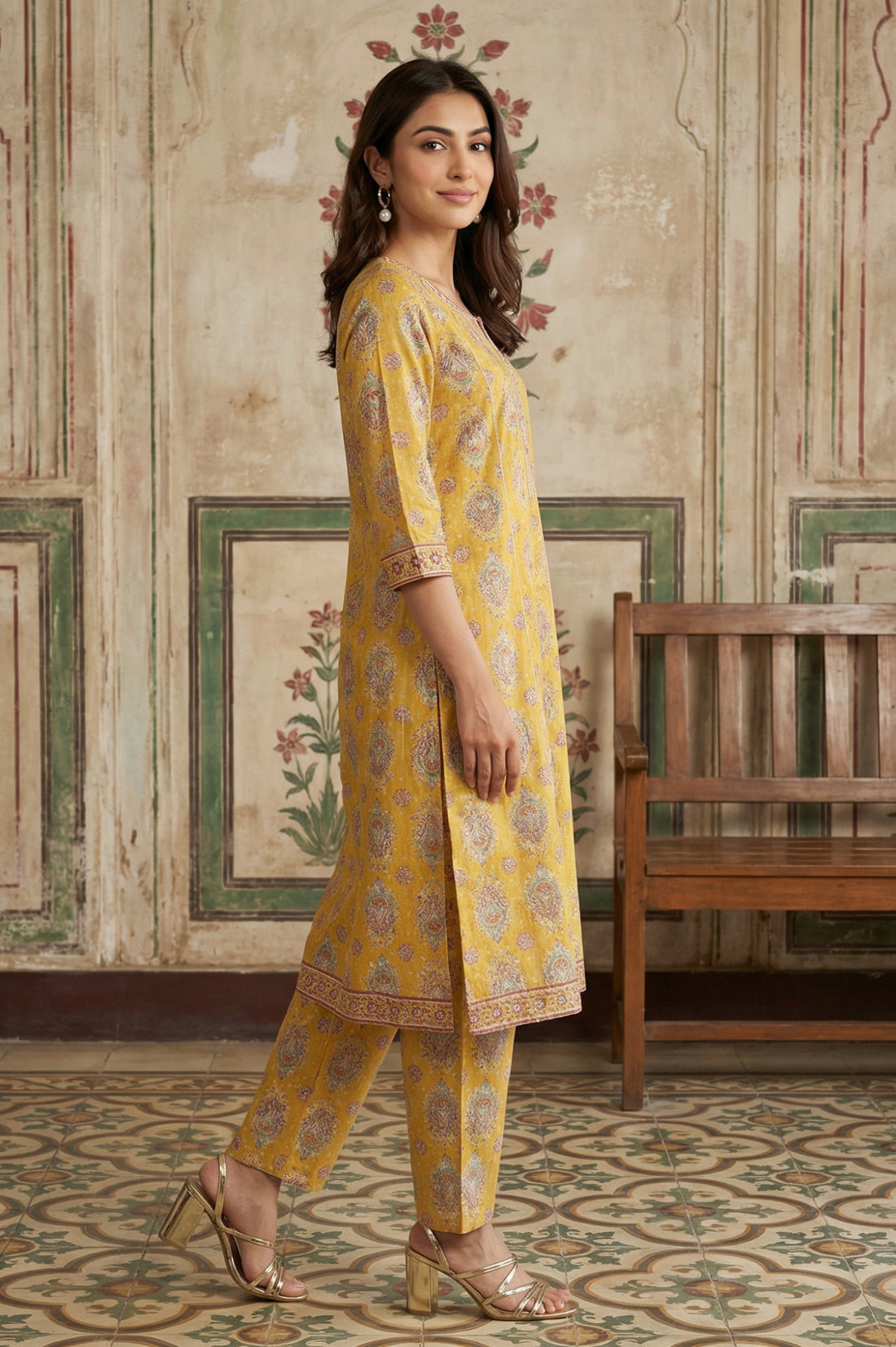 Mustard Thread Embroidered Paisley Pure Cotton Straight Kurta With Trousers and Dupatta Set