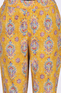 Mustard Thread Embroidered Paisley Pure Cotton Straight Kurta With Trousers and Dupatta Set